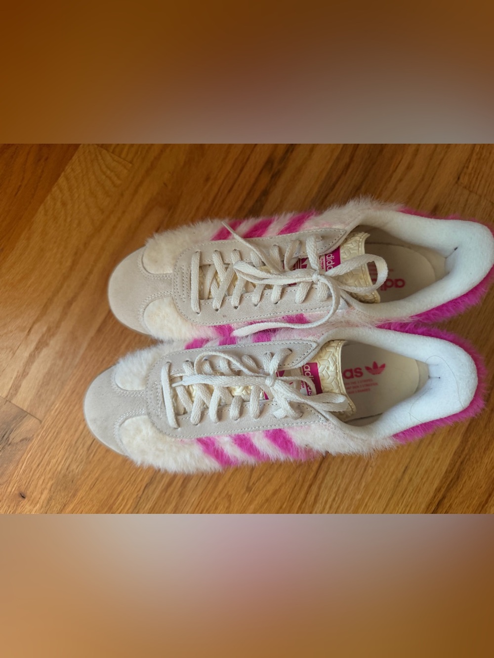 Adidas Gazelle Platform Women’s White and Pink Furry Lace-Up Sneakers - Picture 2 of 6